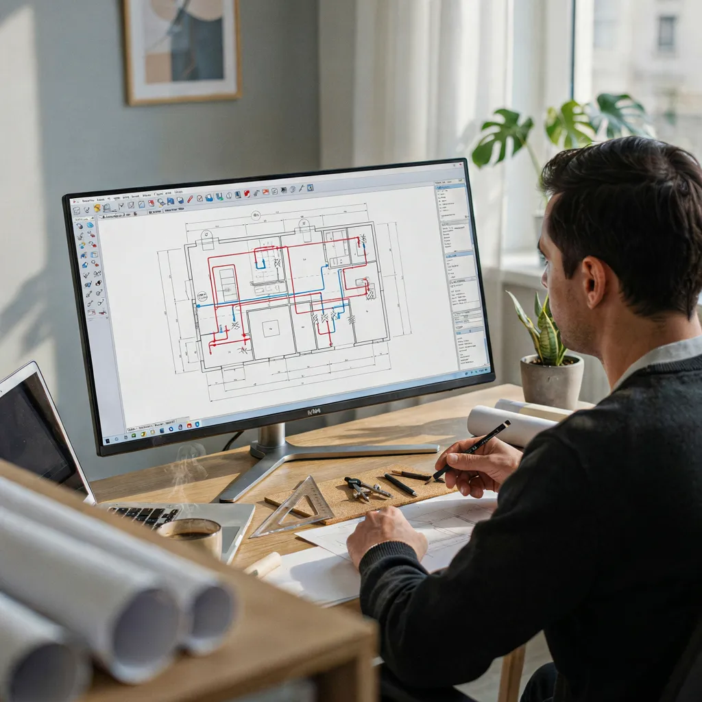Engineer werkt aan een elektrotechnische installatietekening